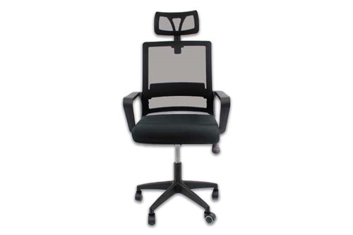 Silla gerencial MODAMOB modelo NOVA, color negro, respaldo y cabecera de malla, reposabrazos, soporte lumbar