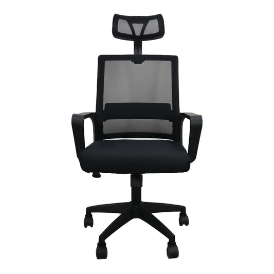 Silla gerencial MODAMOB modelo NOVA, color negro, respaldo y cabecera de malla, reposabrazos, soporte lumbar